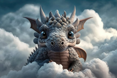 cute little dragon with its head in the clouds, surrounded by fluffy clouds, created with generative aiの素材