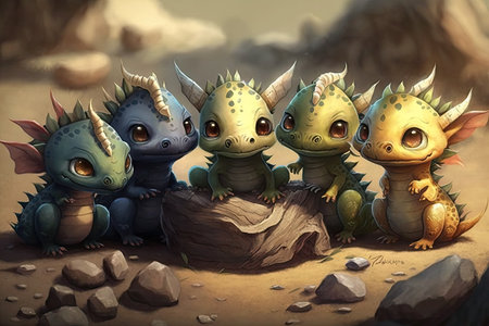 group of cute little dragons, playing and interacting with each other, created with generative aiの素材