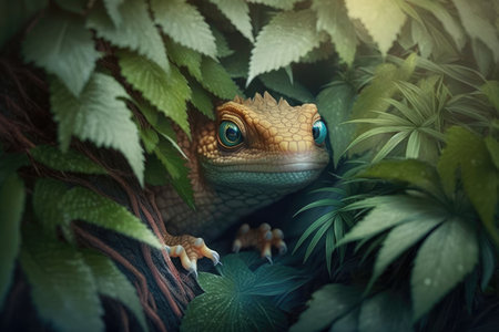 cute little dragon hiding in the bushes, observing its surroundings with curious eyes, created with generative aiの素材