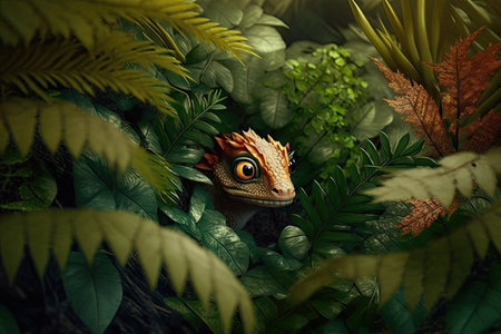 cute little dragon hiding in the bushes, observing its surroundings with curious eyes, created with generative aiの素材