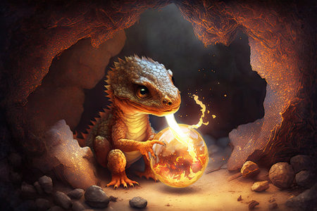 cute little dragon, playing with ball of fire in its cave, created with generative aiの素材