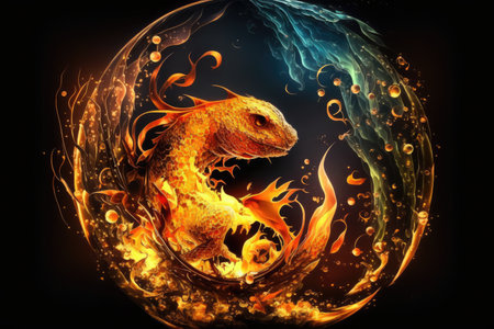 cute little dragon swirling around in ball of flames, created with generative aiの素材