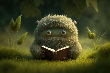cute monster reads in peaceful meadow, surrounded by greenery, created with generative aiの素材