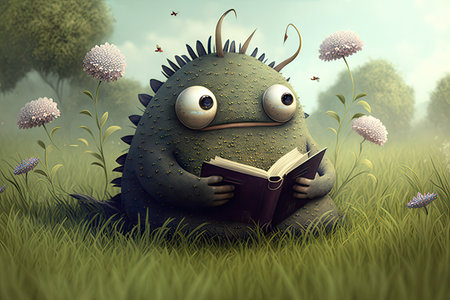 cute monster reads in peaceful meadow, surrounded by greenery, created with generative aiの素材