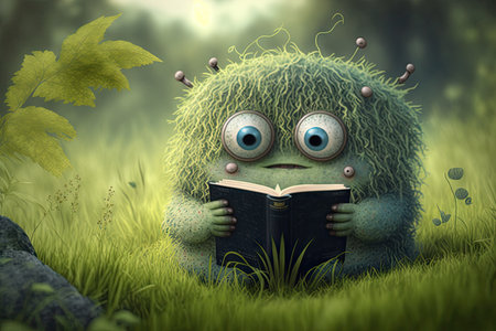 cute monster reads in peaceful meadow, surrounded by greenery, created with generative aiの素材