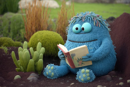 cute monster sits in garden reading book and enjoying the weather, created with generative aiの素材