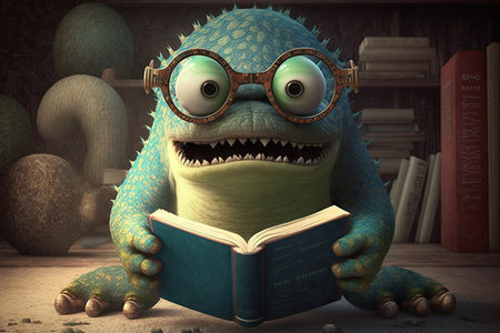 monster wearing glasses, reading one of the many books in its library, created with generative aiの素材