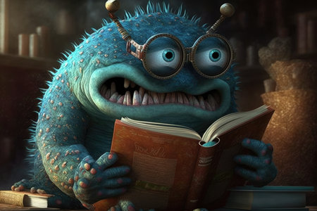 monster wearing glasses, reading one of the many books in its library, created with generative aiの素材