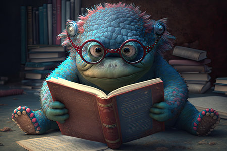 monster wearing glasses, reading one of the many books in its library, created with generative aiの素材