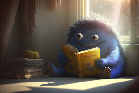 cute monster sits in sunbeam, reading book and enjoying peaceful moment, created with generative aiの素材