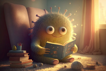 cute monster sits in sunbeam, reading book and enjoying peaceful moment, created with generative aiの素材