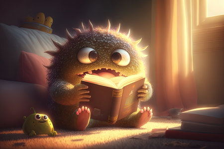 cute monster sits in sunbeam, reading book and enjoying peaceful moment, created with generative aiの素材