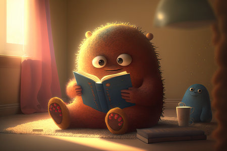 cute monster sits in sunbeam, reading book and enjoying peaceful moment, created with generative aiの素材
