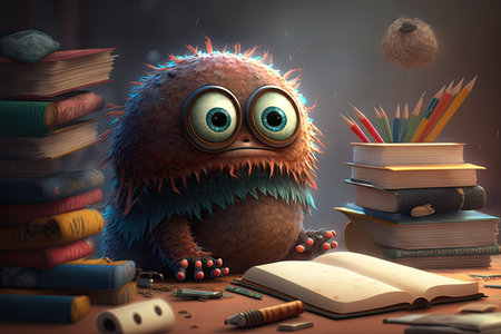 cute monster studies for important test, with books scattered on the desk, created with generative aiの素材