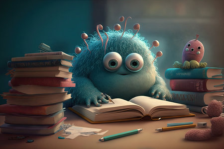 cute monster studies for important test, with books scattered on the desk, created with generative aiの素材