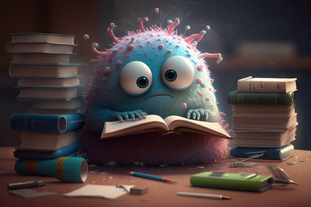 cute monster studies for important test, with books scattered on the desk, created with generative aiの素材