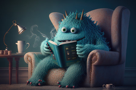 cute monster sips hot beverage while reading in cozy chair, created with generative aiの素材
