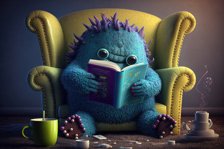 cute monster sips hot beverage while reading in cozy chair, created with generative aiの素材