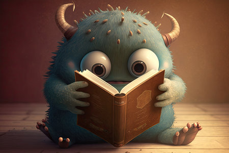 cute monster holds book with its claws, showing its love of reading, created with generative aiの素材