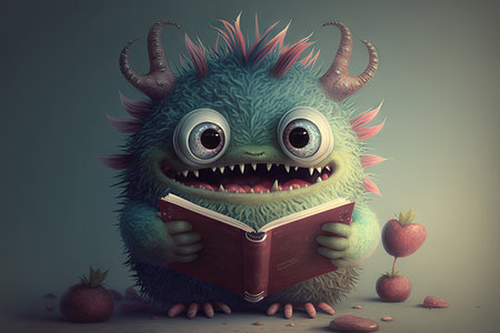cute monster holds book with its claws, showing its love of reading, created with generative aiの素材
