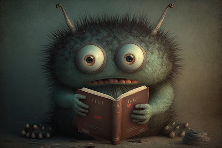 cute monster holds book with its claws, showing its love of reading, created with generative aiの素材