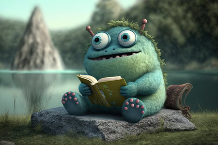 cute monster sits in outdoor setting, reading book and enjoying the view, created with generative aiの素材