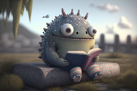 cute monster sits in outdoor setting, reading book and enjoying the view, created with generative aiの素材
