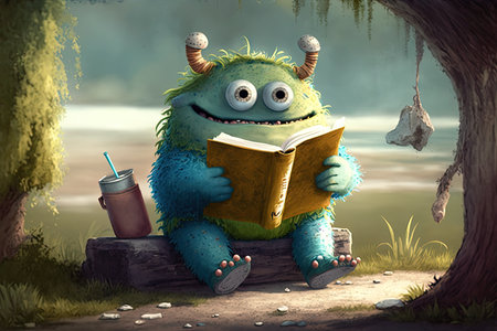 cute monster sits in outdoor setting, reading book and enjoying the view, created with generative aiの素材