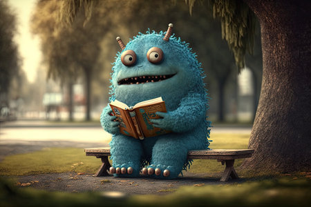 cute monster sits in outdoor setting, reading book and enjoying the view, created with generative aiの素材