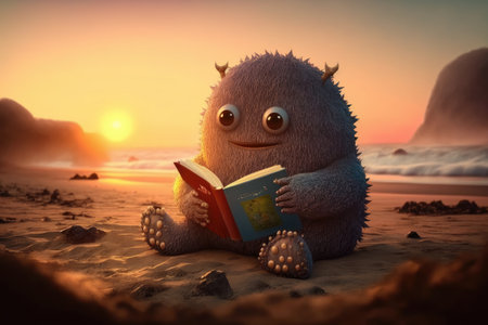 cute monster reads book on the beach, with sunset in the background, created with generative aiの素材