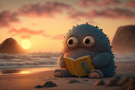 cute monster reads book on the beach, with sunset in the background, created with generative aiの素材