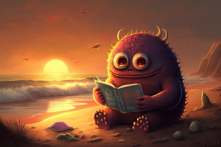 cute monster reads book on the beach, with sunset in the background, created with generative aiの素材