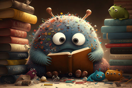 cute monster surrounded by collection of different books, each one with its own unique cover, created with generative aiの素材