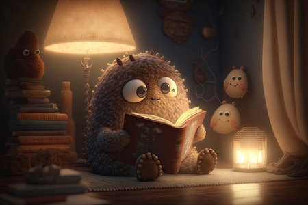 cute monster reads book in cozy nook, surrounded by warm lighting and calming decor, created with generative aiの素材