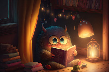 cute monster reads book in cozy nook, surrounded by warm lighting and calming decor, created with generative aiの素材