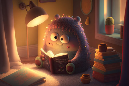 cute monster reads book in cozy nook, surrounded by warm lighting and calming decor, created with generative aiの素材
