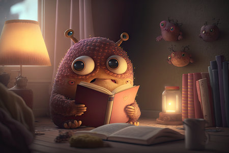 cute monster reads book in cozy nook, surrounded by warm lighting and calming decor, created with generative aiの素材
