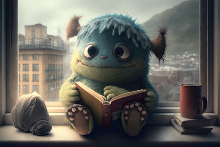 cute monster sitting on windowsill with view of the outside world, holding favorite book, created with generative aiの素材