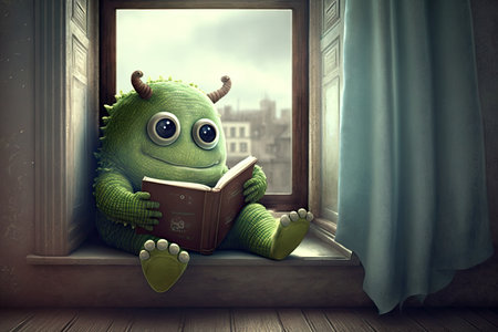 cute monster sitting on windowsill with view of the outside world, holding favorite book, created with generative aiの素材