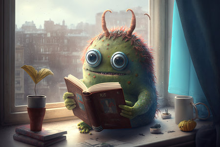 cute monster sitting on windowsill with view of the outside world, holding favorite book, created with generative aiの素材