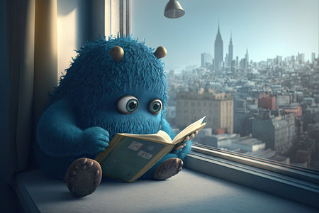 cute monster sits on window sill, reading book while overlooking the city, created with generative aiの素材
