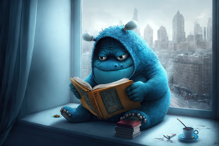cute monster sits on window sill, reading book while overlooking the city, created with generative aiの素材