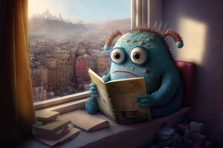cute monster sits on window sill, reading book while overlooking the city, created with generative aiの素材