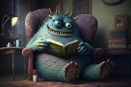 a monster, reading in a cozy armchair, with its feet up on the table, created with generative aiの素材