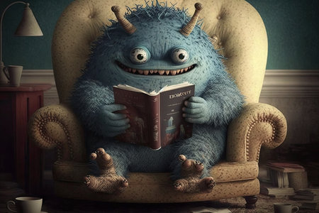 a monster, reading in a cozy armchair, with its feet up on the table, created with generative aiの素材