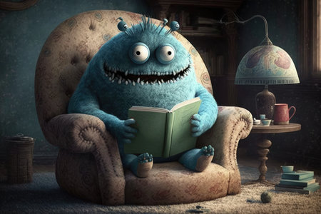 a monster, reading in a cozy armchair, with its feet up on the table, created with generative aiの素材