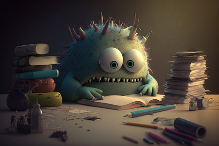 cute monster studies for school exams, with piles of books and notes on the desk, created with generative aiの素材