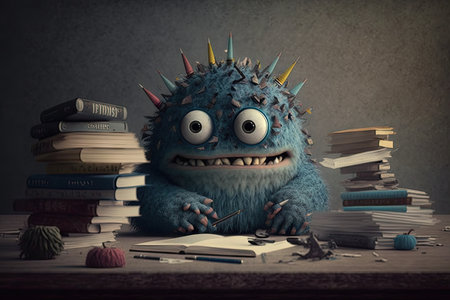 cute monster studies for school exams, with piles of books and notes on the desk, created with generative aiの素材