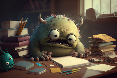 cute monster studies for school exams, with piles of books and notes on the desk, created with generative aiの素材