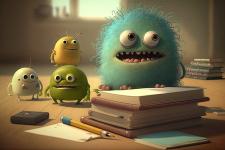 cute monster studies for important test, with books and notepad on table, created with generative aiの素材